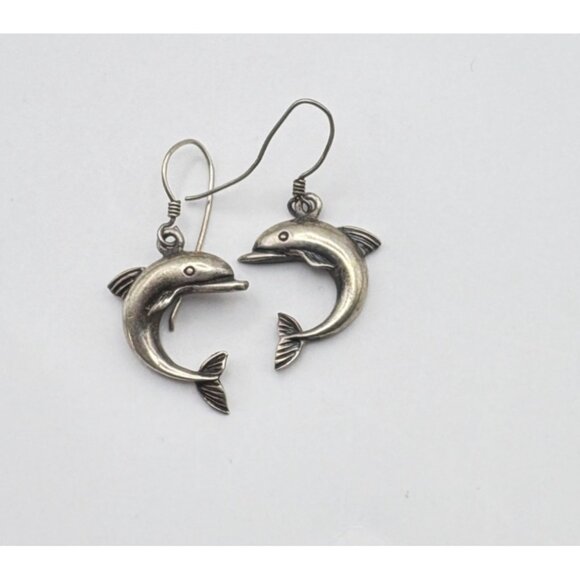 Vintage Sterling Silver Dolphin Dangle Earrings Beach Marine Fish 925 - Picture 5 of 6